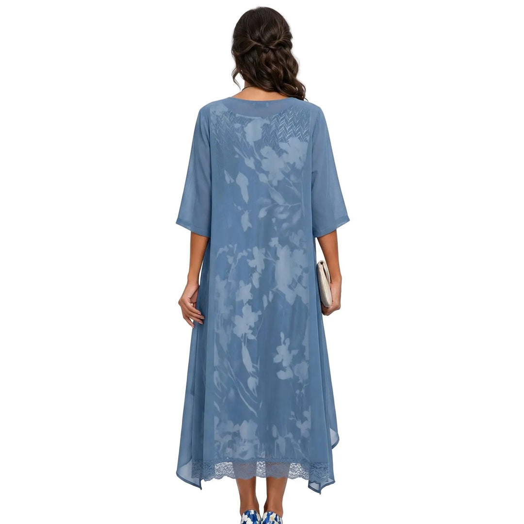 Floral 2-Piece Midi Dress Set Sheer Overlay Cardigan Style