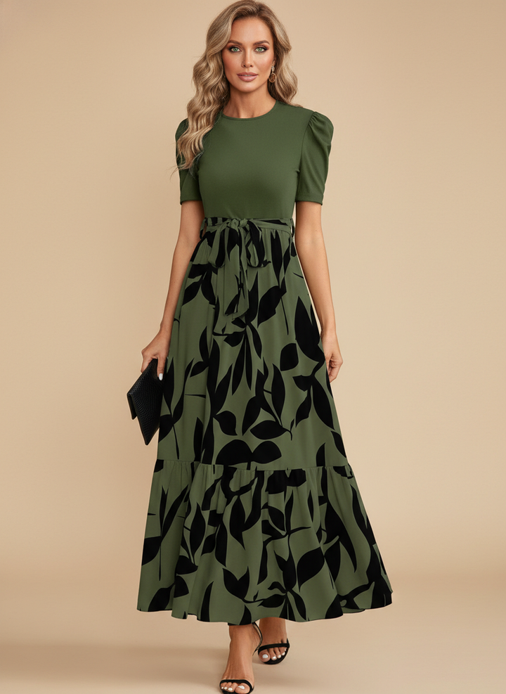 Floral Print Puff Sleeve Bow Tie Waist Maxi Dress - Wedding Guest