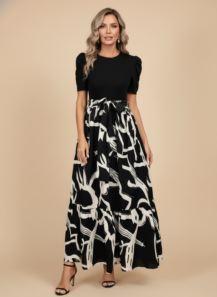 Floral Print Puff Sleeve Bow Tie Waist Maxi Dress - Wedding Guest