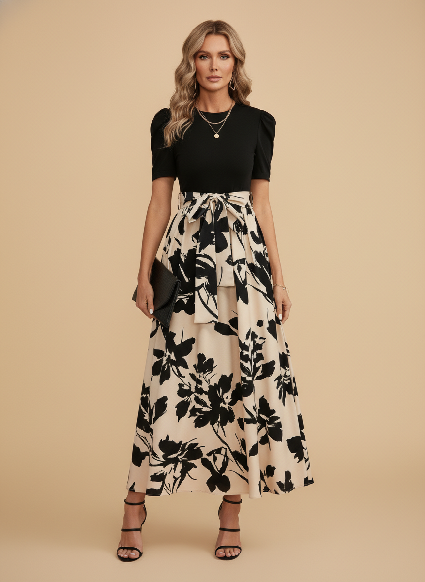 Floral Print Puff Sleeve Bow Tie Waist Maxi Dress - Wedding Guest