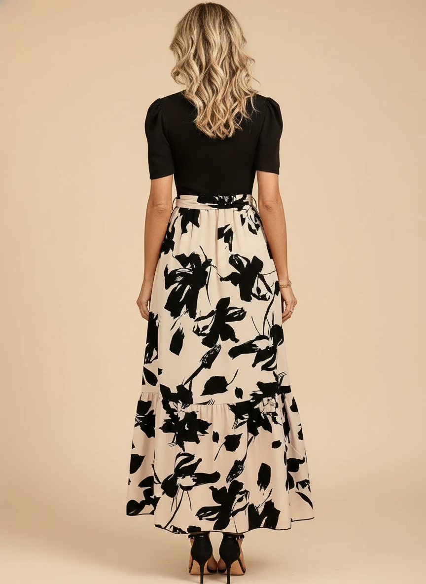 Floral Print Puff Sleeve Bow Tie Waist Maxi Dress - Wedding Guest