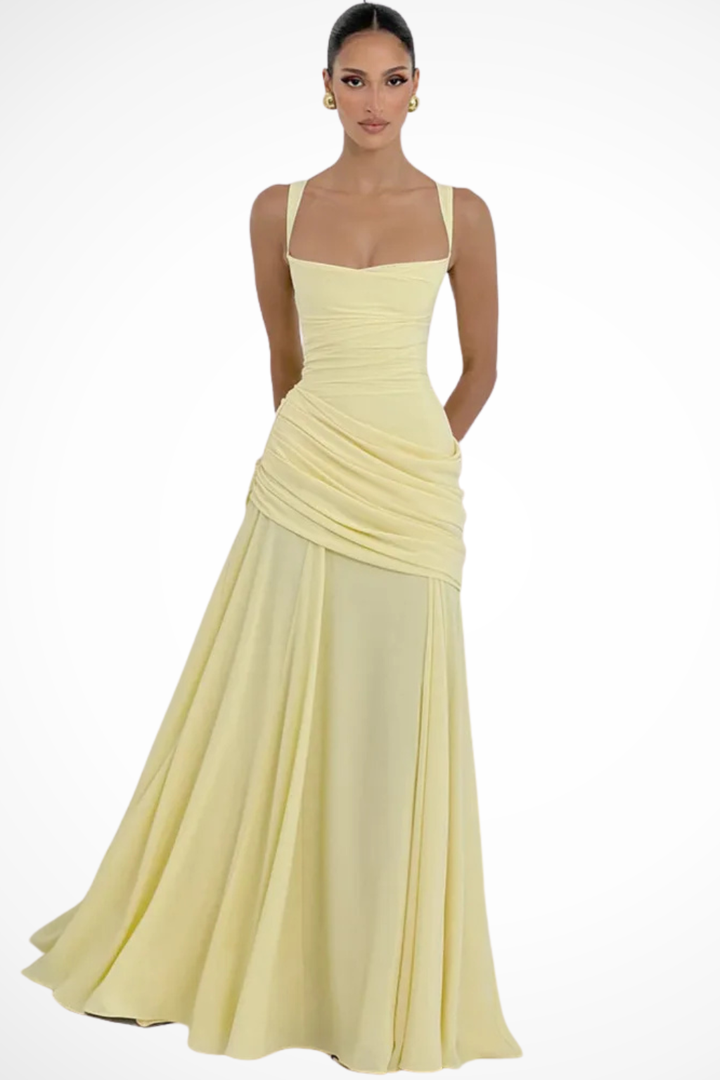 Square Neck Ruched A Line Chiffon Maxi Dress - Formal Evening Gown