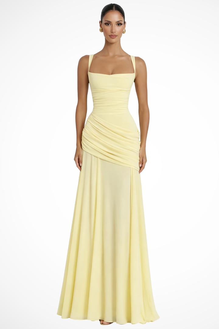 Square Neck Ruched A Line Chiffon Maxi Dress - Formal Evening Gown