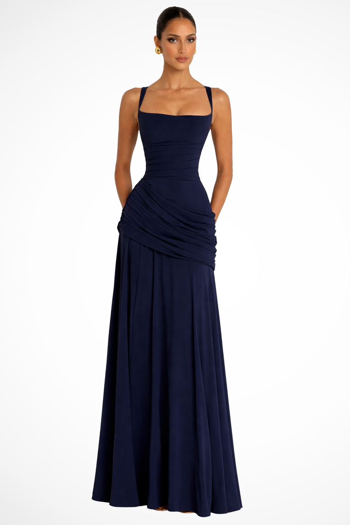 Square Neck Ruched A Line Chiffon Maxi Dress - Formal Evening Gown