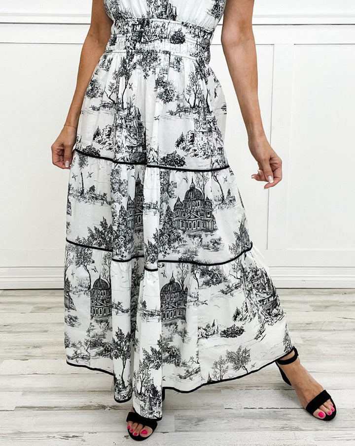 Toile Print Puff Sleeve Elasticated Waist Tiered Maxi Dress