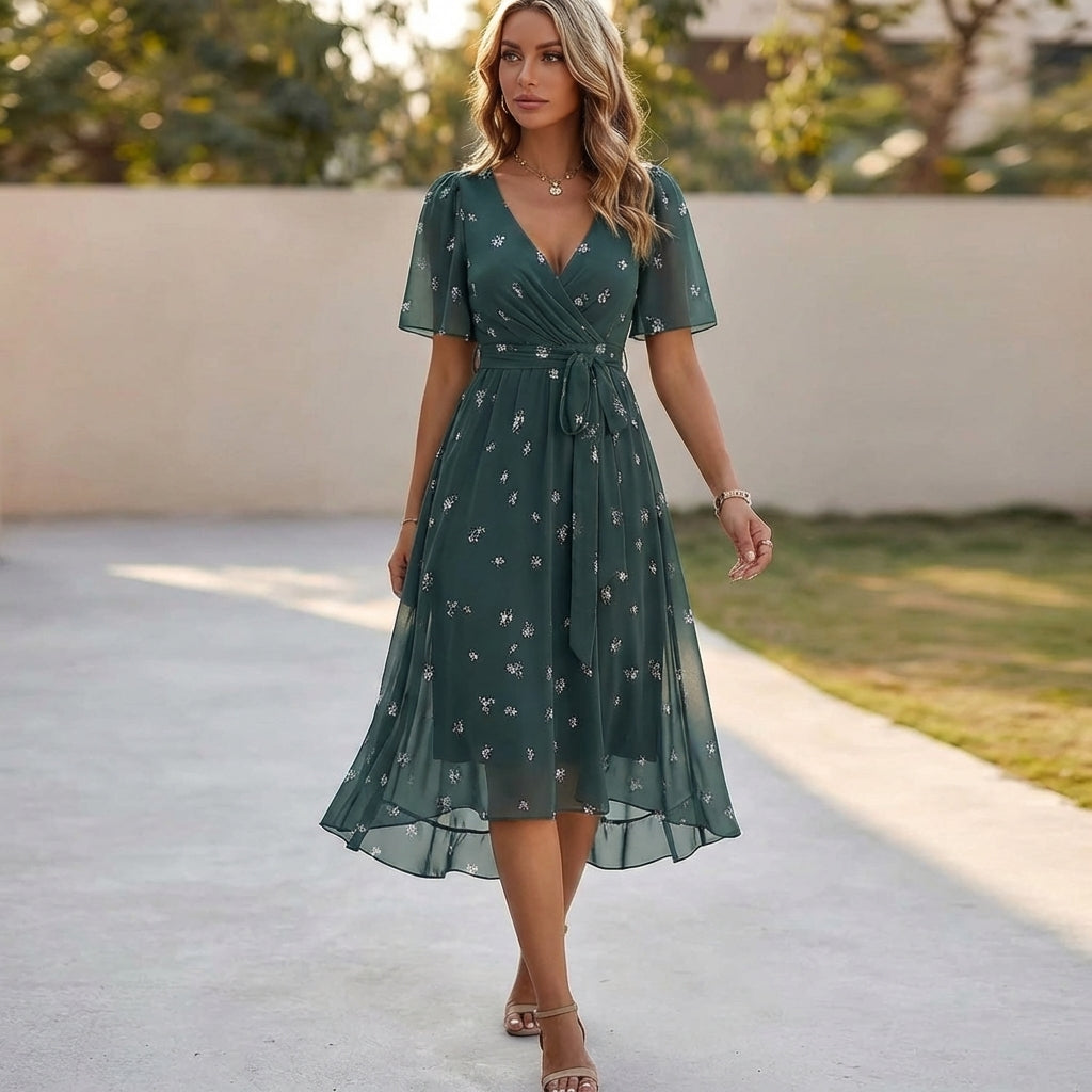 Miriam Floral V-Neck Midi Dress | Emerald Green Short Sleeve A-Line Dress