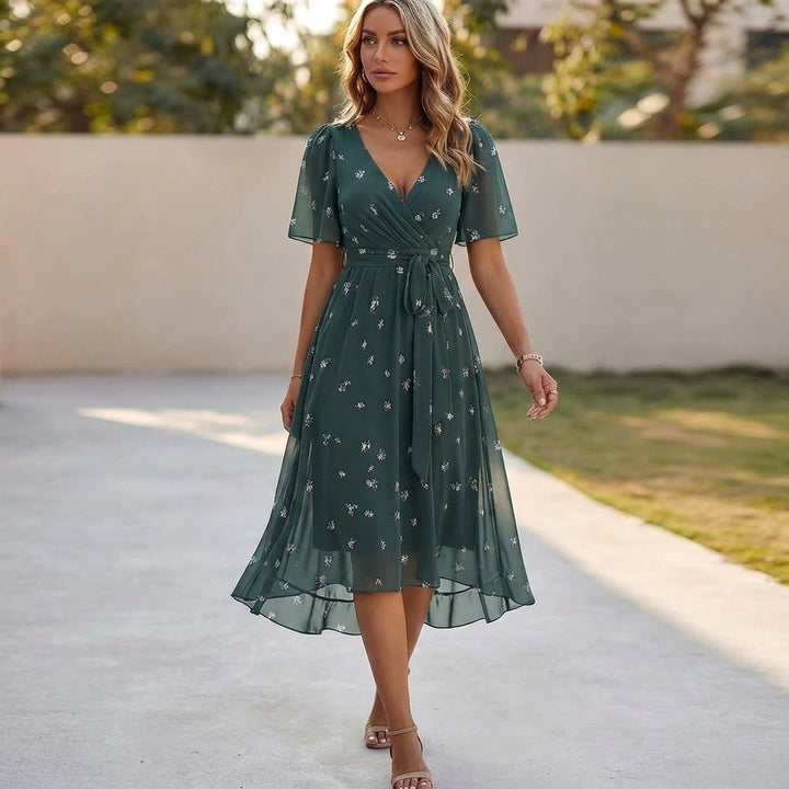 Miriam Floral V-Neck Midi Dress | Emerald Green Short Sleeve A-Line Dress