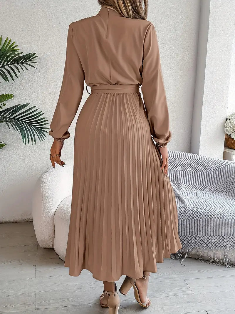 Long Sleeve Pleated Midi Dress with High Neck and Tie Waist