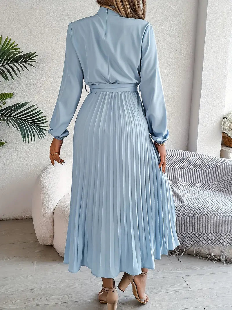 Long Sleeve Pleated Midi Dress with High Neck and Tie Waist