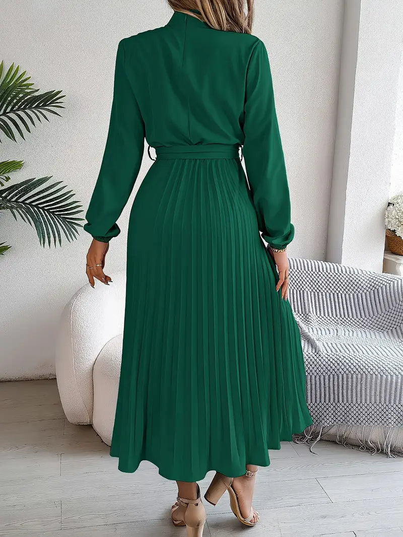 Long Sleeve Pleated Midi Dress with High Neck and Tie Waist