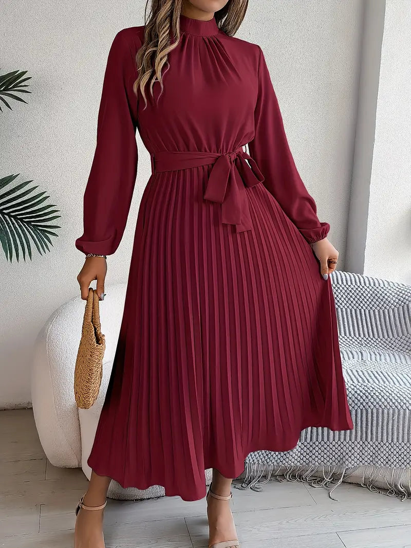 Long Sleeve Pleated Midi Dress with High Neck and Tie Waist