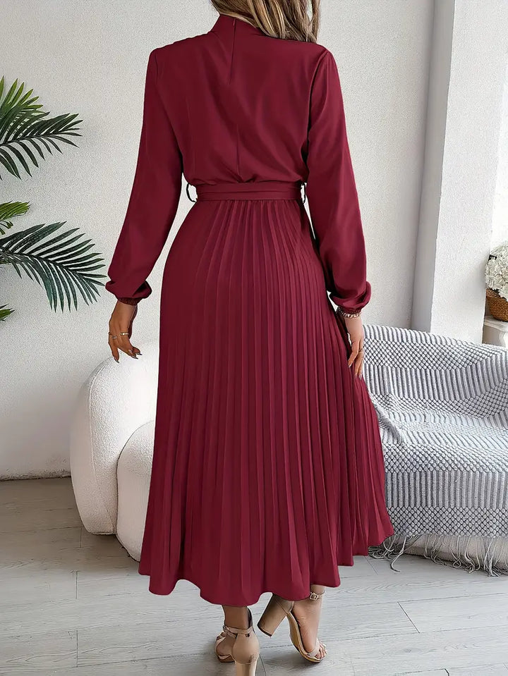 Long Sleeve Pleated Midi Dress with High Neck and Tie Waist