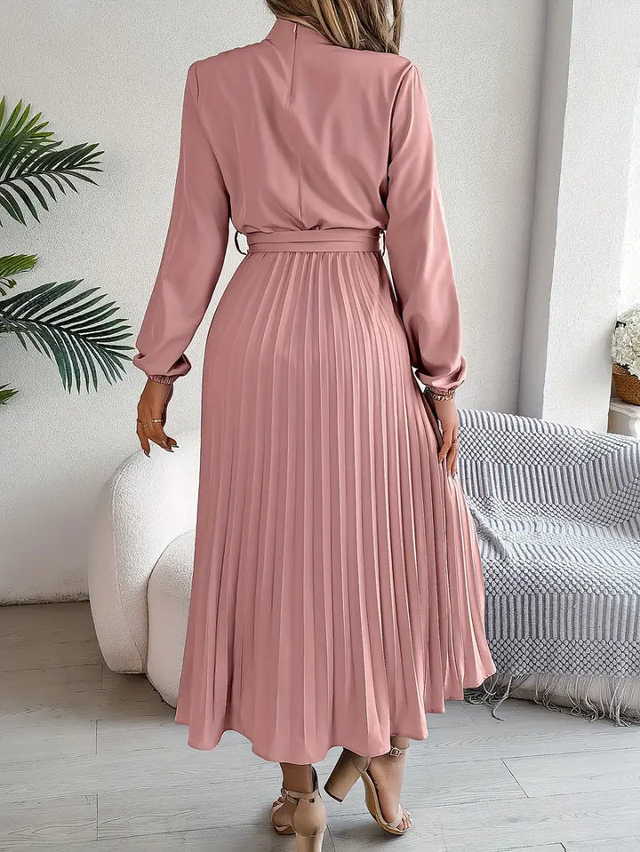 Long Sleeve Pleated Midi Dress with High Neck and Tie Waist