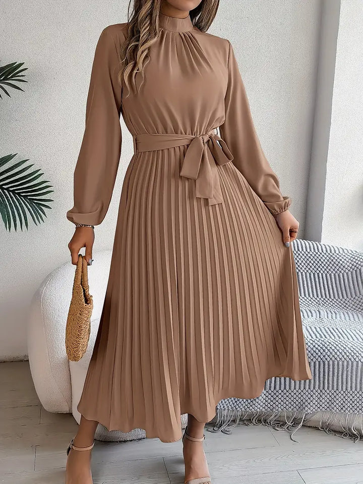 Long Sleeve Pleated Midi Dress with High Neck and Tie Waist