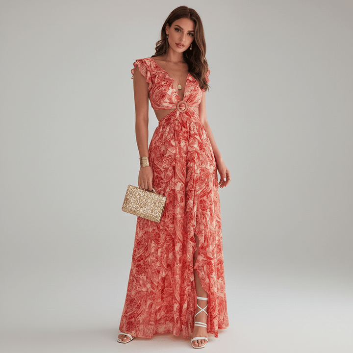 Abstract Print Ring Detail Cut Out Ruffle Sleeve Maxi Dress - Wedding Guest