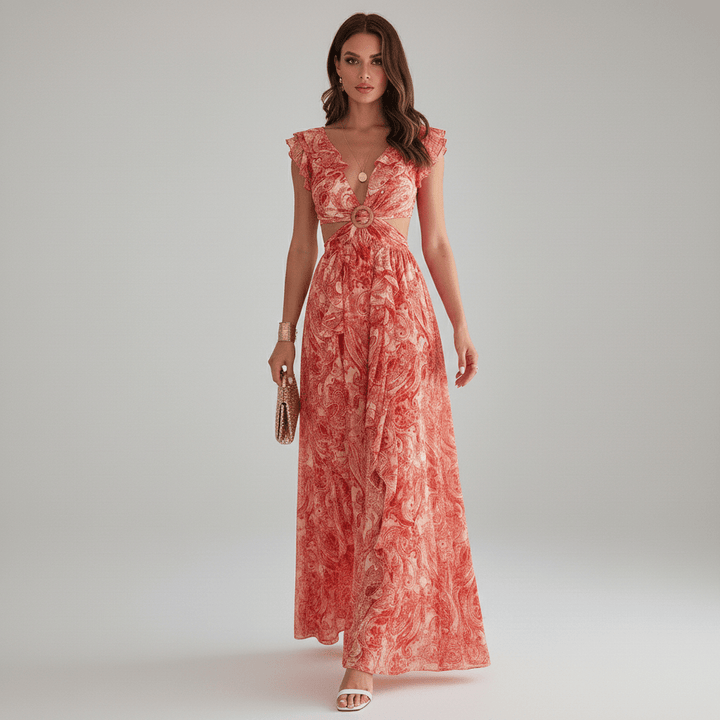 Abstract Print Ring Detail Cut Out Ruffle Sleeve Maxi Dress - Wedding Guest