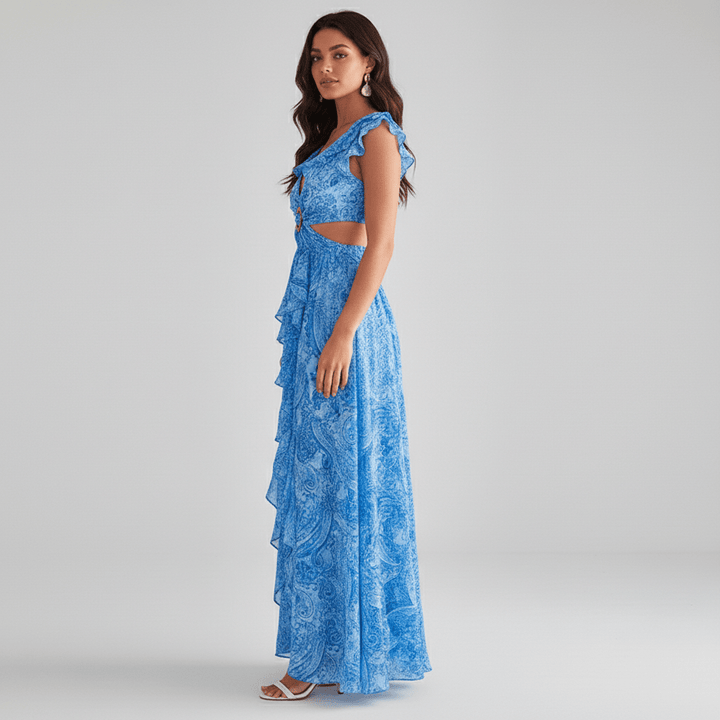 Abstract Print Ring Detail Cut Out Ruffle Sleeve Maxi Dress - Wedding Guest