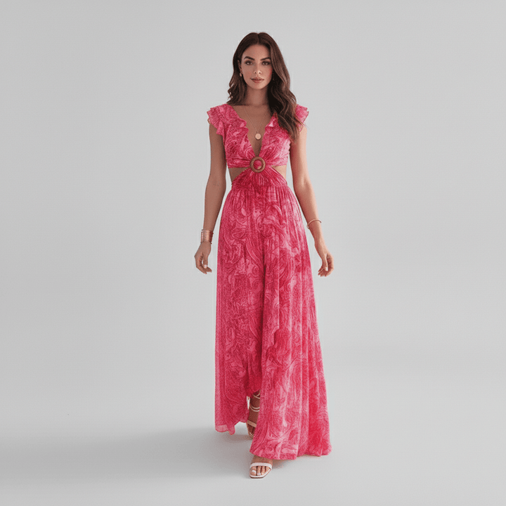 Abstract Print Ring Detail Cut Out Ruffle Sleeve Maxi Dress - Wedding Guest