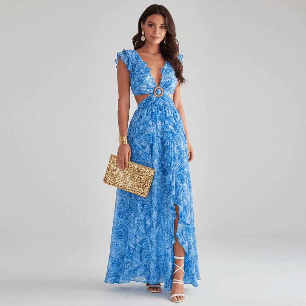 Abstract Print Ring Detail Cut Out Ruffle Sleeve Maxi Dress - Wedding Guest