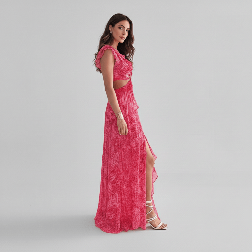 Abstract Print Ring Detail Cut Out Ruffle Sleeve Maxi Dress - Wedding Guest