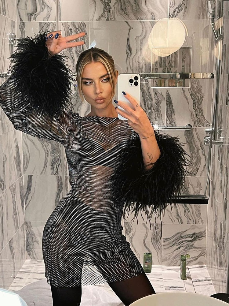 Sequin Feather Trim Cuff Long Sleeve Bodycon Mini Dress - Cocktail Party