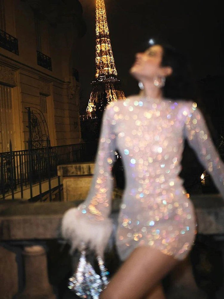 Sequin Feather Trim Cuff Long Sleeve Bodycon Mini Dress - Cocktail Party