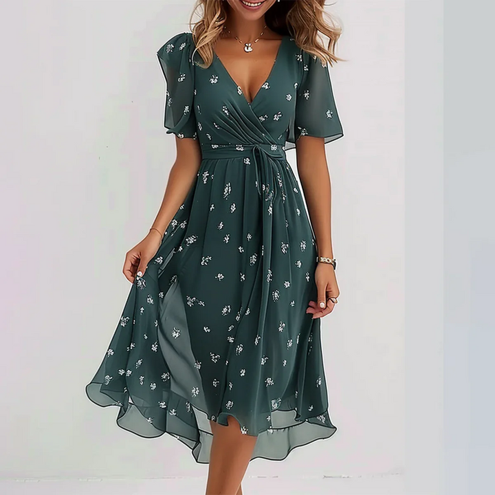 Miriam Floral V-Neck Midi Dress | Emerald Green Short Sleeve A-Line Dress