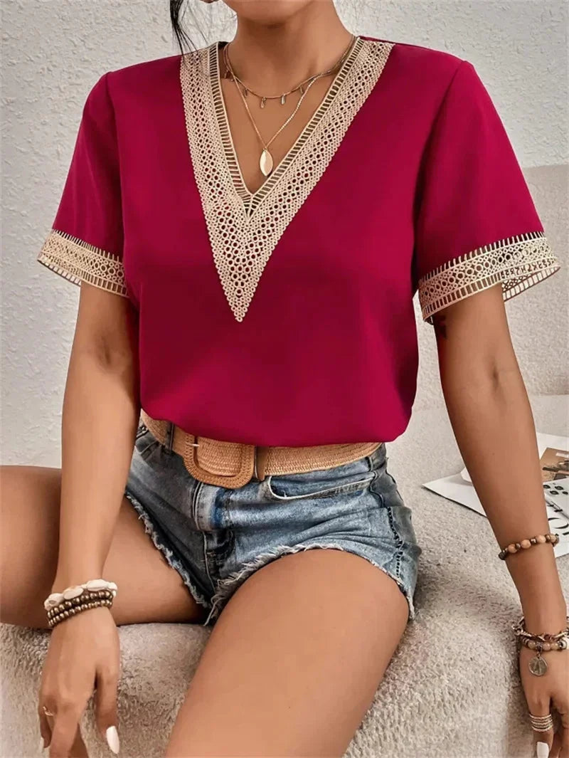 Elegant V-Neck Short Sleeve Blouse for Women