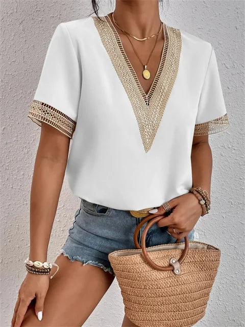 Elegant V-Neck Short Sleeve Blouse for Women