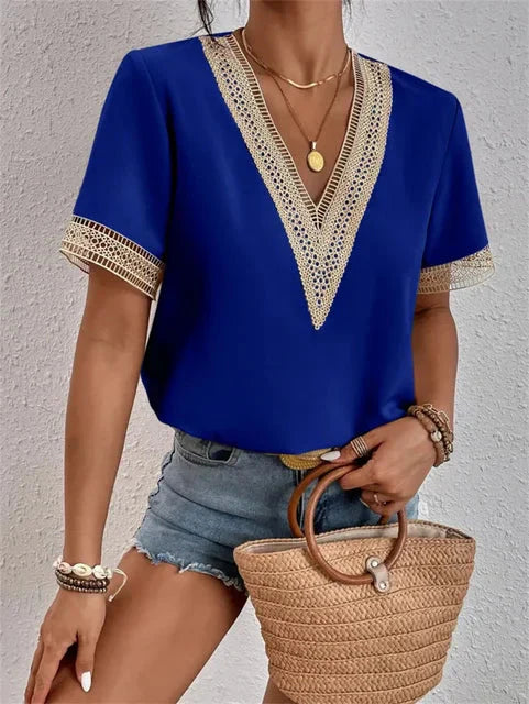 Elegant V-Neck Short Sleeve Blouse for Women
