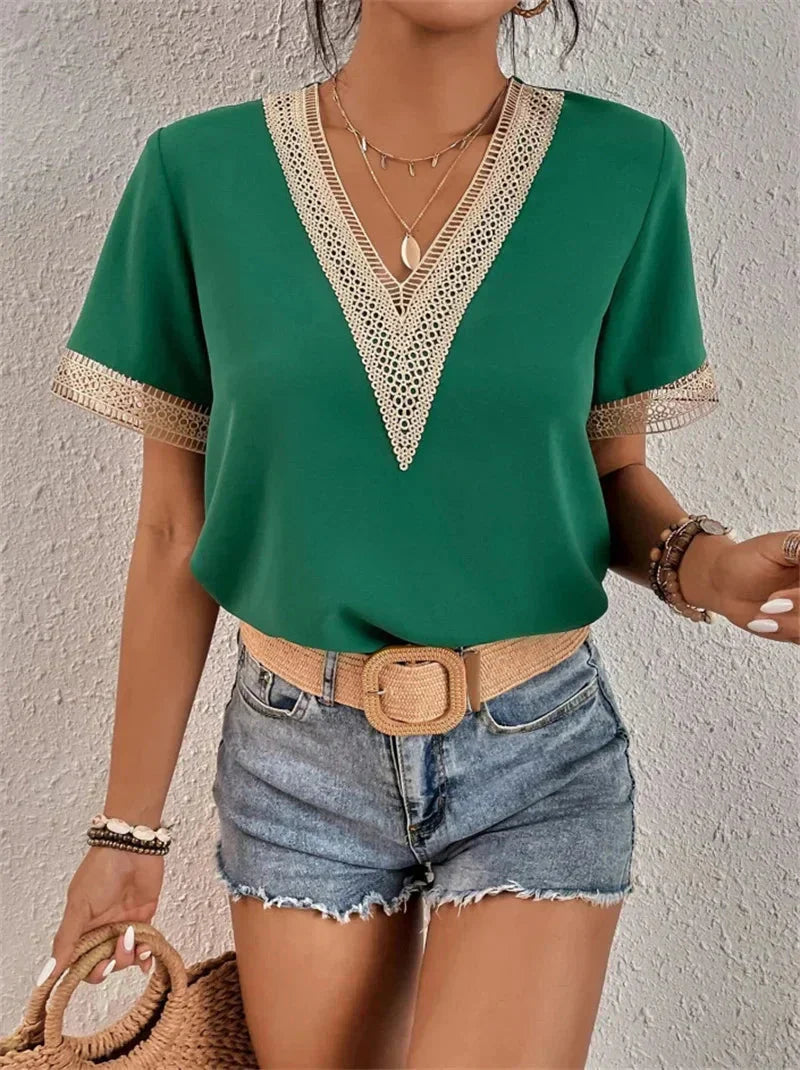 Elegant V-Neck Short Sleeve Blouse for Women