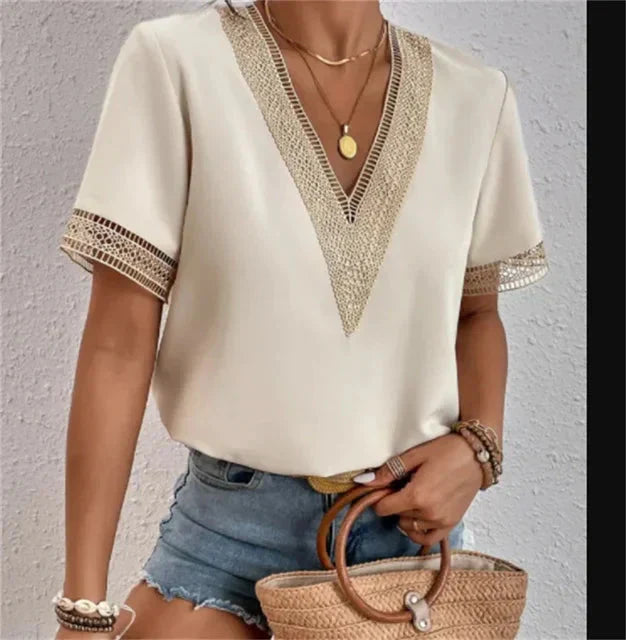 Elegant V-Neck Short Sleeve Blouse for Women