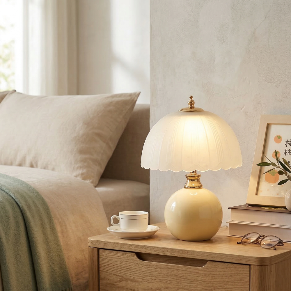 Nordic Style Half Dome Table Lamp with Ceramic and Glass Shade – Modern Bedside or Desk Lamp for Bedroom