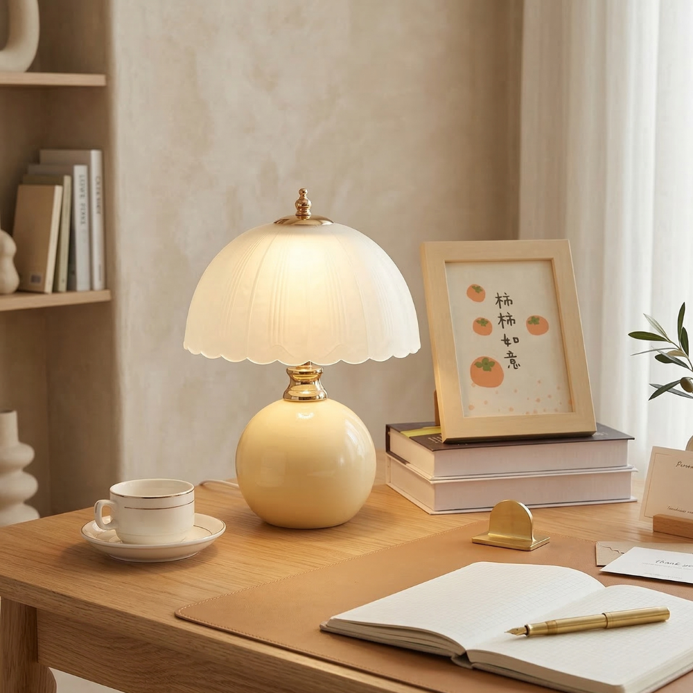 Nordic Style Half Dome Table Lamp with Ceramic and Glass Shade – Modern Bedside or Desk Lamp for Bedroom