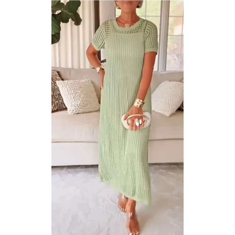 Open Knit Crochet Mesh Short Sleeve Maxi Dress