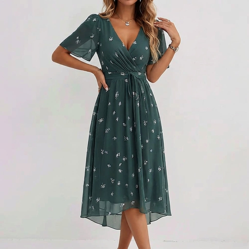 Miriam Floral V-Neck Midi Dress | Emerald Green Short Sleeve A-Line Dress