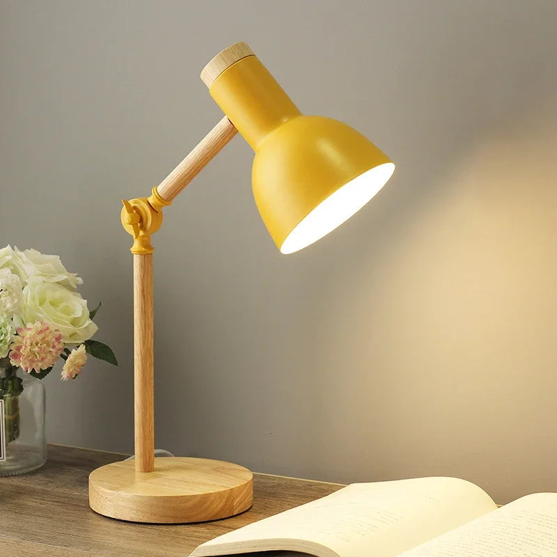 Adjustable Nordic wooden table lamp with colored shade