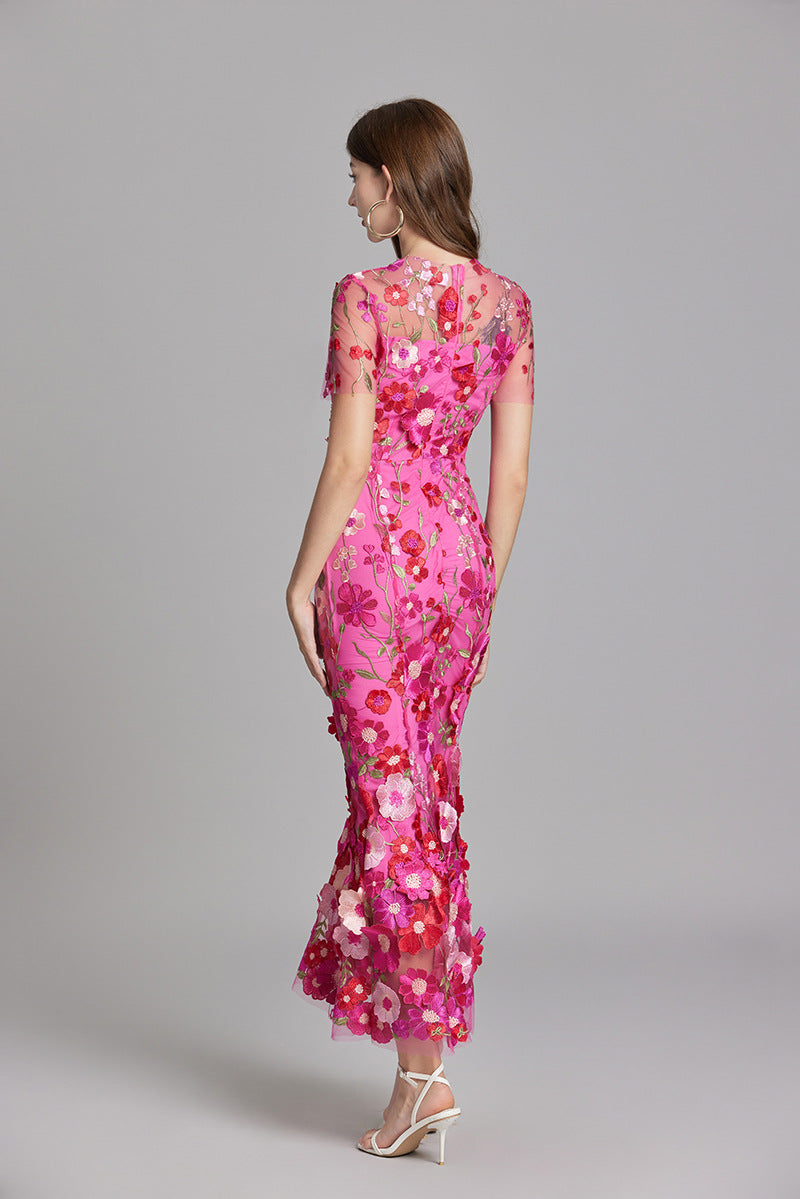 3D Floral Appliqué Sheer Mesh Bodycon Midi Dress - Wedding Guest