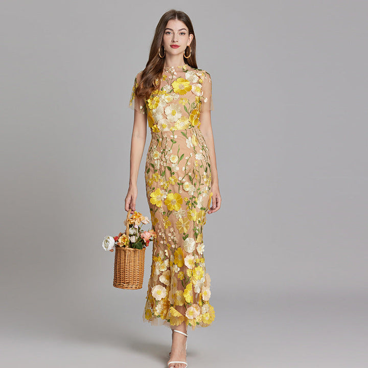 3D Floral Appliqué Sheer Mesh Bodycon Midi Dress - Wedding Guest
