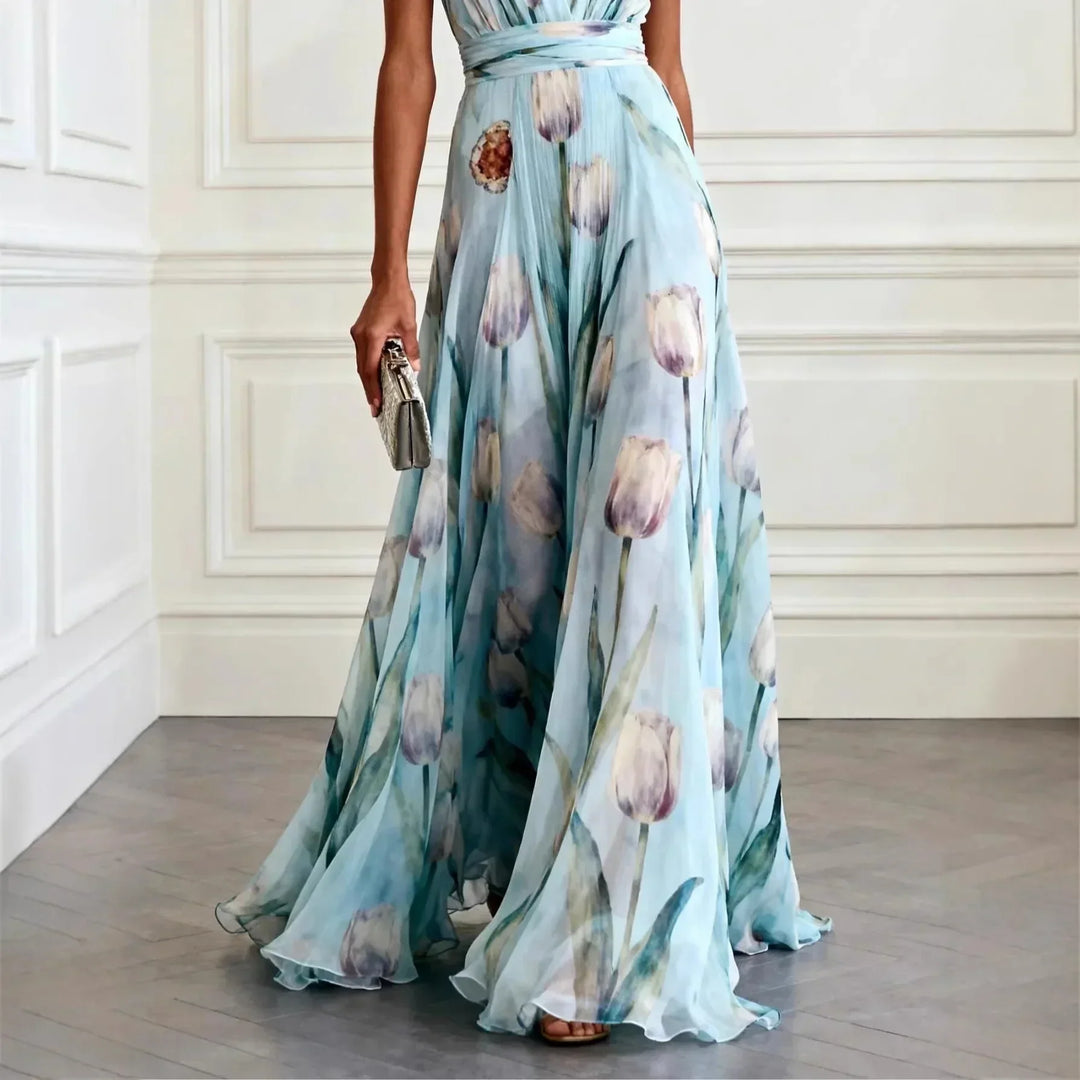 Floral Tulip Print Deep V Neck Chiffon Maxi Dress - Wedding Guest