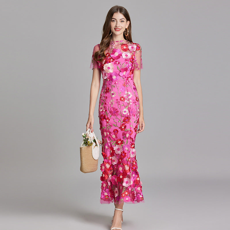 3D Floral Appliqué Sheer Mesh Bodycon Midi Dress - Wedding Guest