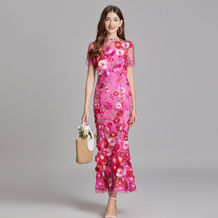 3D Floral Appliqué Sheer Mesh Bodycon Midi Dress - Wedding Guest