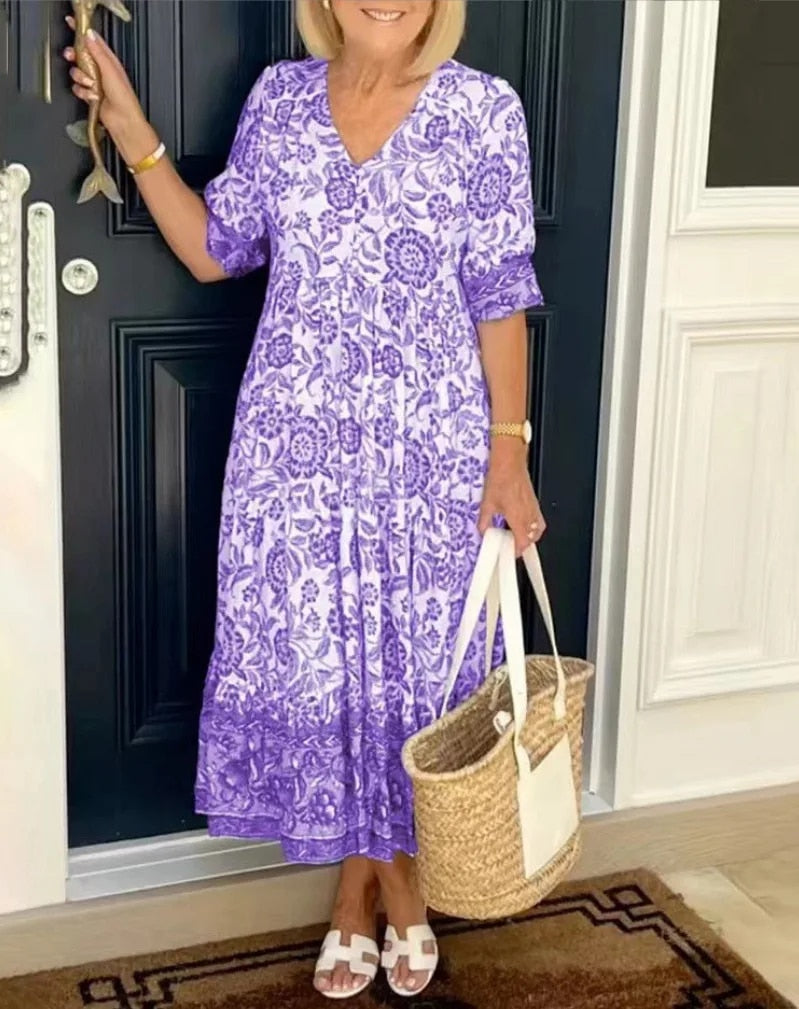 Floral Border Print V Neck Tiered Flowy Maxi Dress
