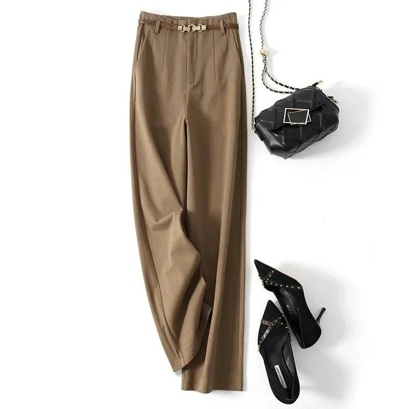 High-Waist Wide Leg Trousers for Women – Tailored Polyester Workwear with Belt