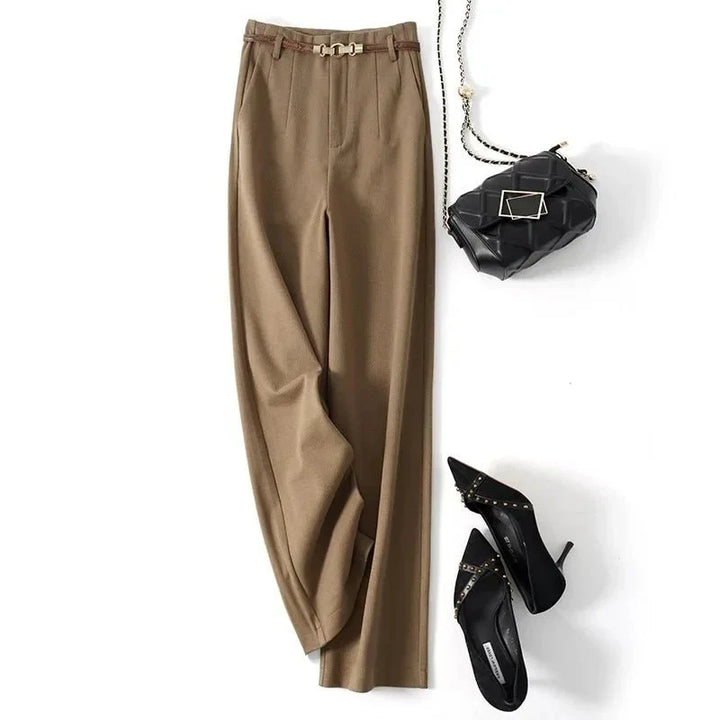 High-Waist Wide Leg Trousers for Women – Tailored Polyester Workwear with Belt