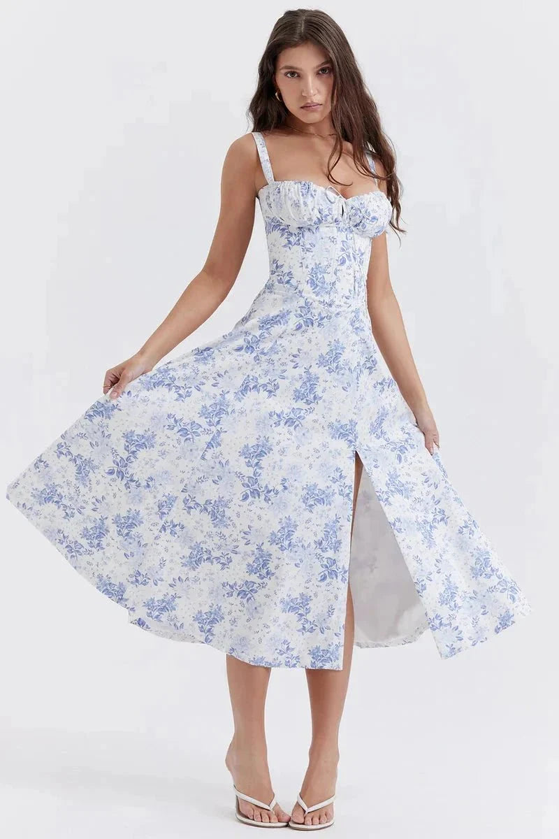 Floral Midi Dress for Women Summer Square Neck Sleeveless A-Line Dress