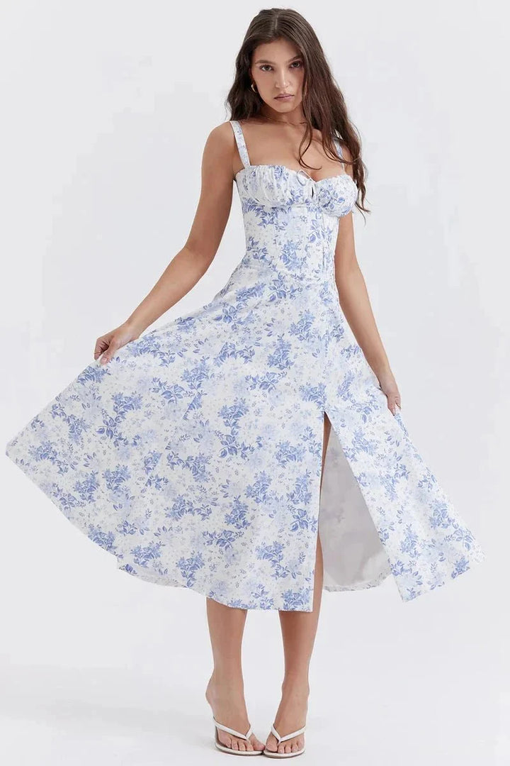 Floral Midi Dress for Women Summer Square Neck Sleeveless A-Line Dress