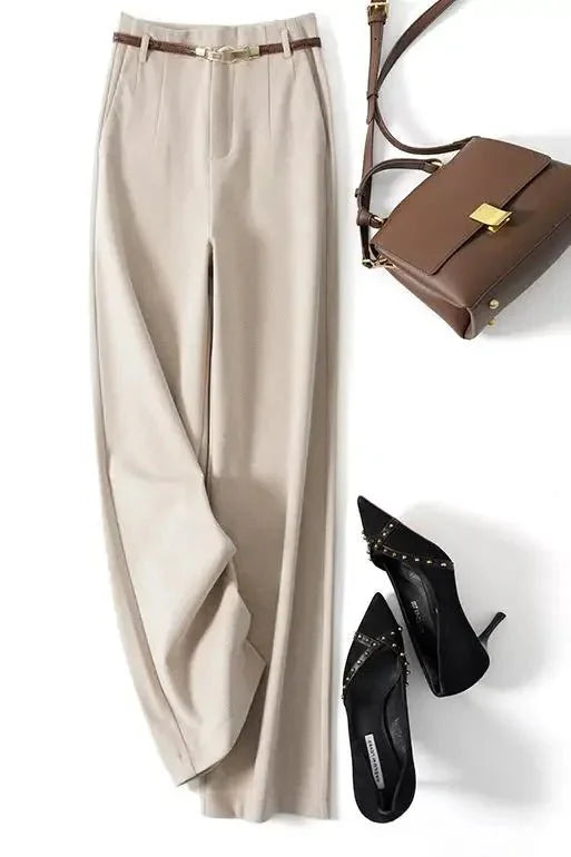High-Waist Wide Leg Trousers for Women – Tailored Polyester Workwear with Belt