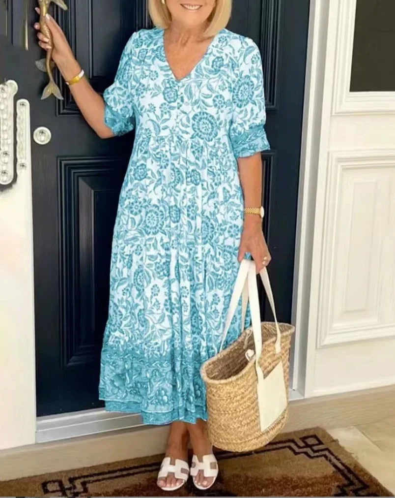 Floral Border Print V Neck Tiered Flowy Maxi Dress