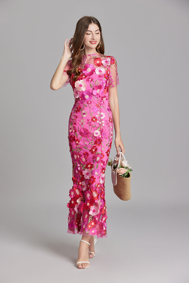 3D Floral Appliqué Sheer Mesh Bodycon Midi Dress - Wedding Guest